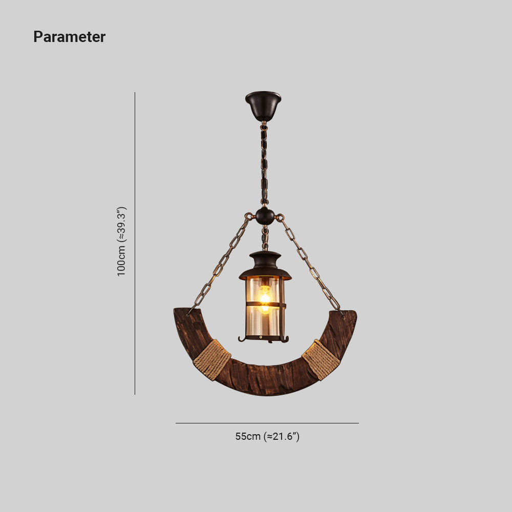 Austin Retro Rustic Arc Metal/Wood Lantern Glass Pendant Light - Lumpaz