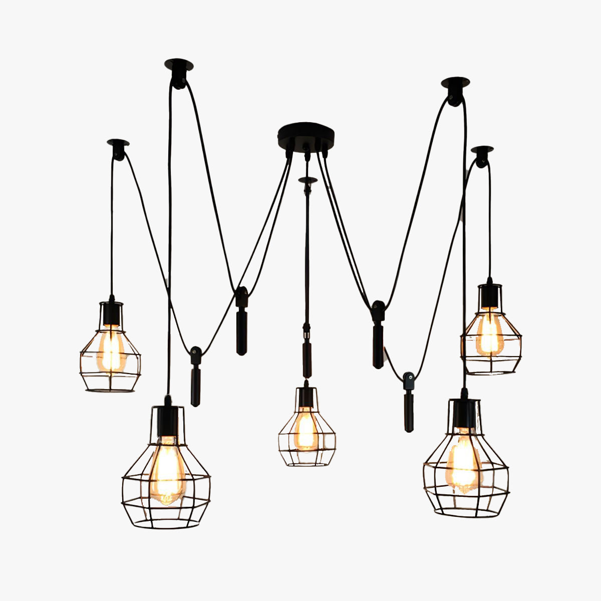 Alessio Industrial Caged Metal Pendant Light, 5/8 Heads, Black - Lumpaz