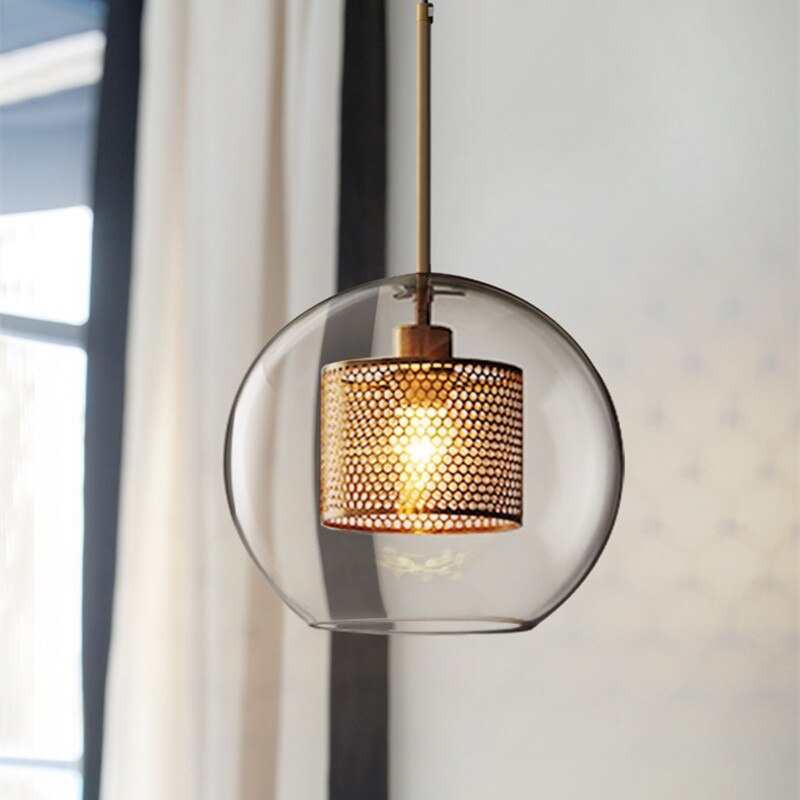 Oneal Contemporary Golden Pendant Light, Metal/Glass, Globe/Cylindric - Lumpaz