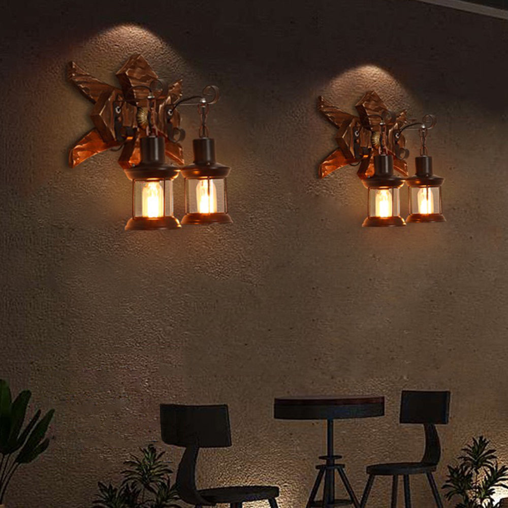 Austin Wall Lamp Decorative Vintage Lantern Double Light Wooden, Bedroom - Lumpaz