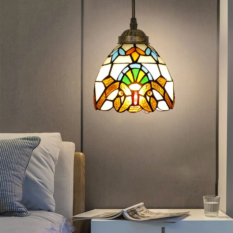 Alessio Tiffany Multicolor Bell Pendant Light, Yellow/Beige/Brown/Khaki/Blue/Purple - Lumpaz