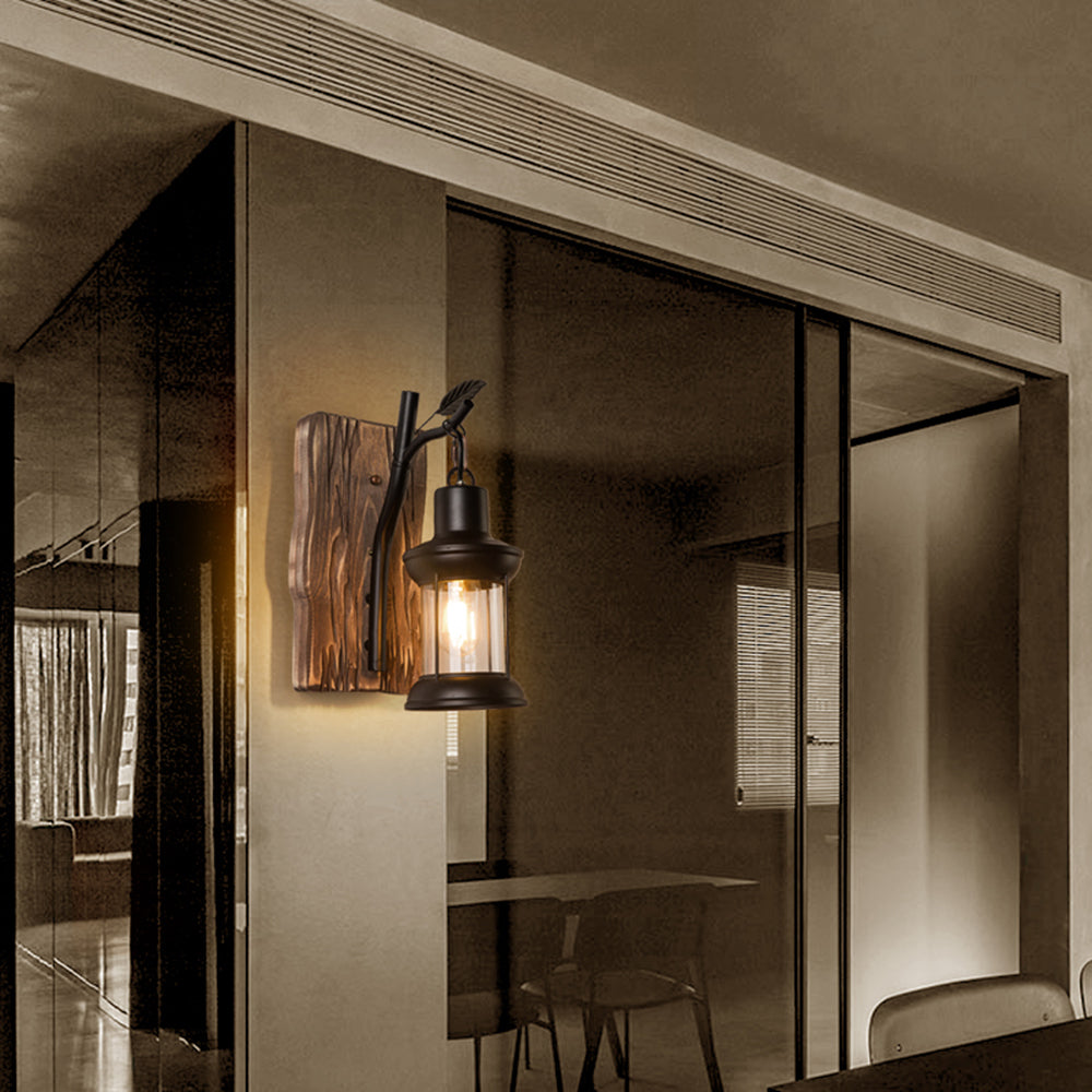 Austin Vintage Branches Lantern Wall Lamp, Metal/Wood, Black, Dining Room - Lumpaz