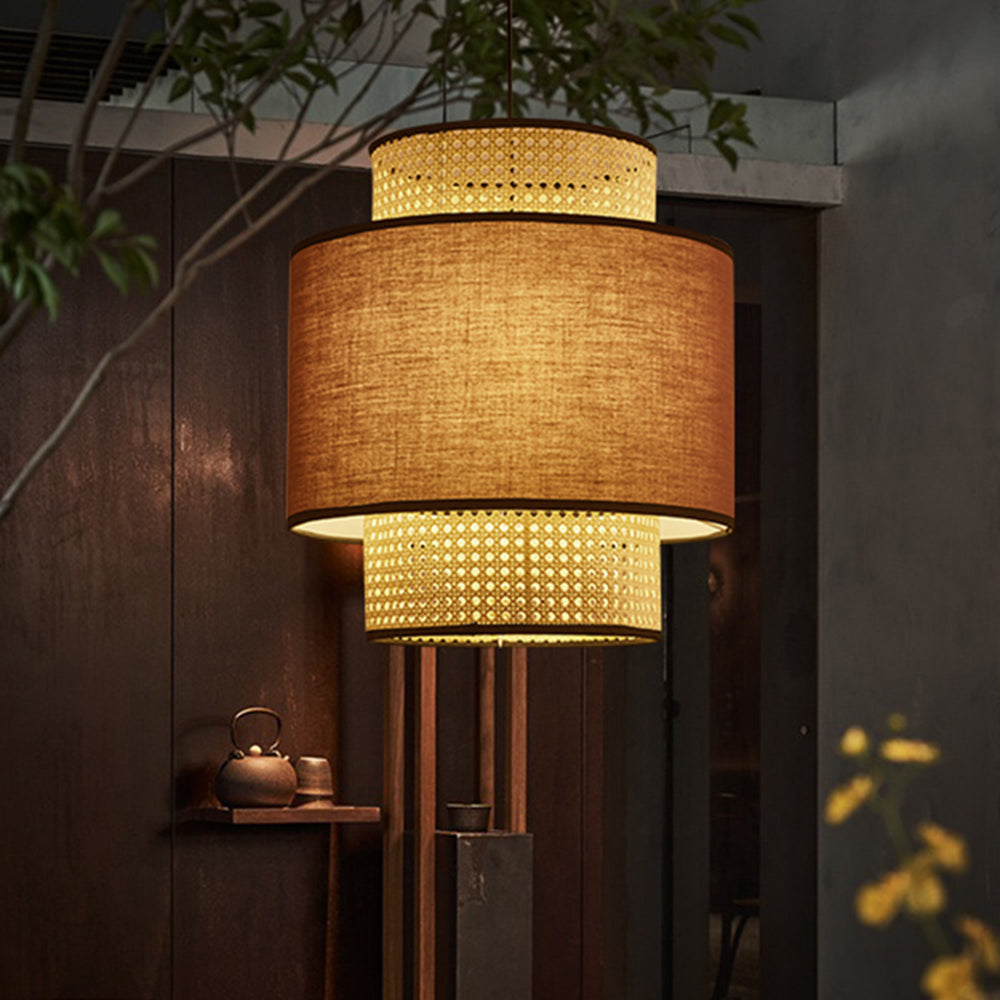 Ritta Retro Fabric and Rattan Pendant Light, Beige - Lumpaz