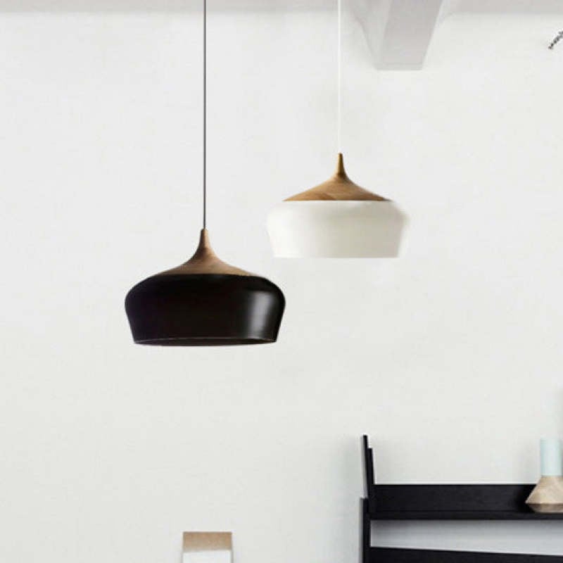 Nazifa Minimalist Metal/Wood Pendant Light, Black/White - Lumpaz