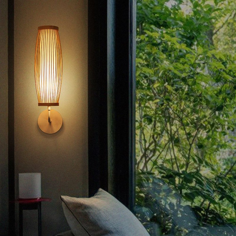 Muto Japanese Cylindrical Rattan Wall Lamp Bamaoo Bedroom - Lumpaz