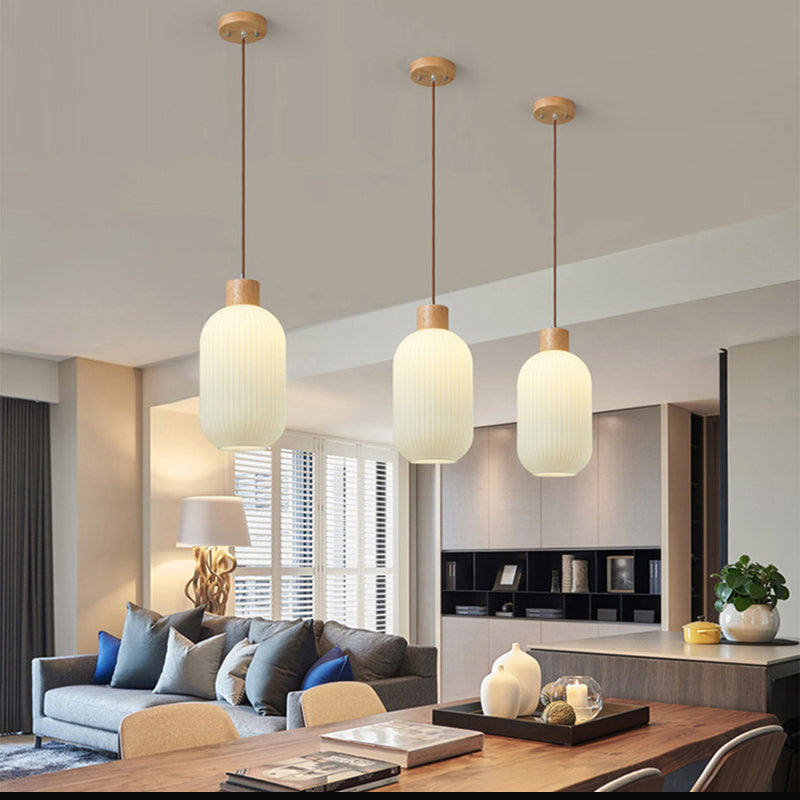 Ozawa Modern Wood/Glass Pendant Light, White - Lumpaz