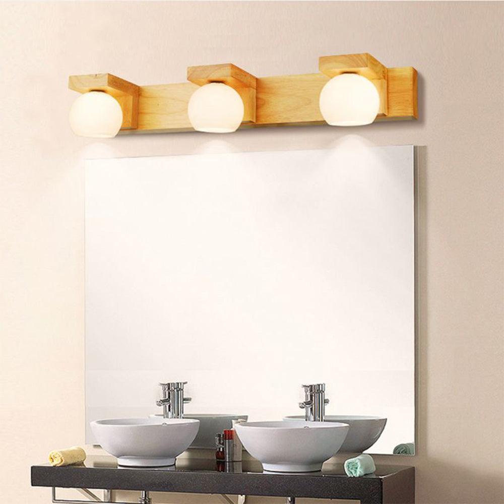 Ozawa Wooden Ball Mirror Front Vanity Wall Lamp, Log Color - Lumpaz