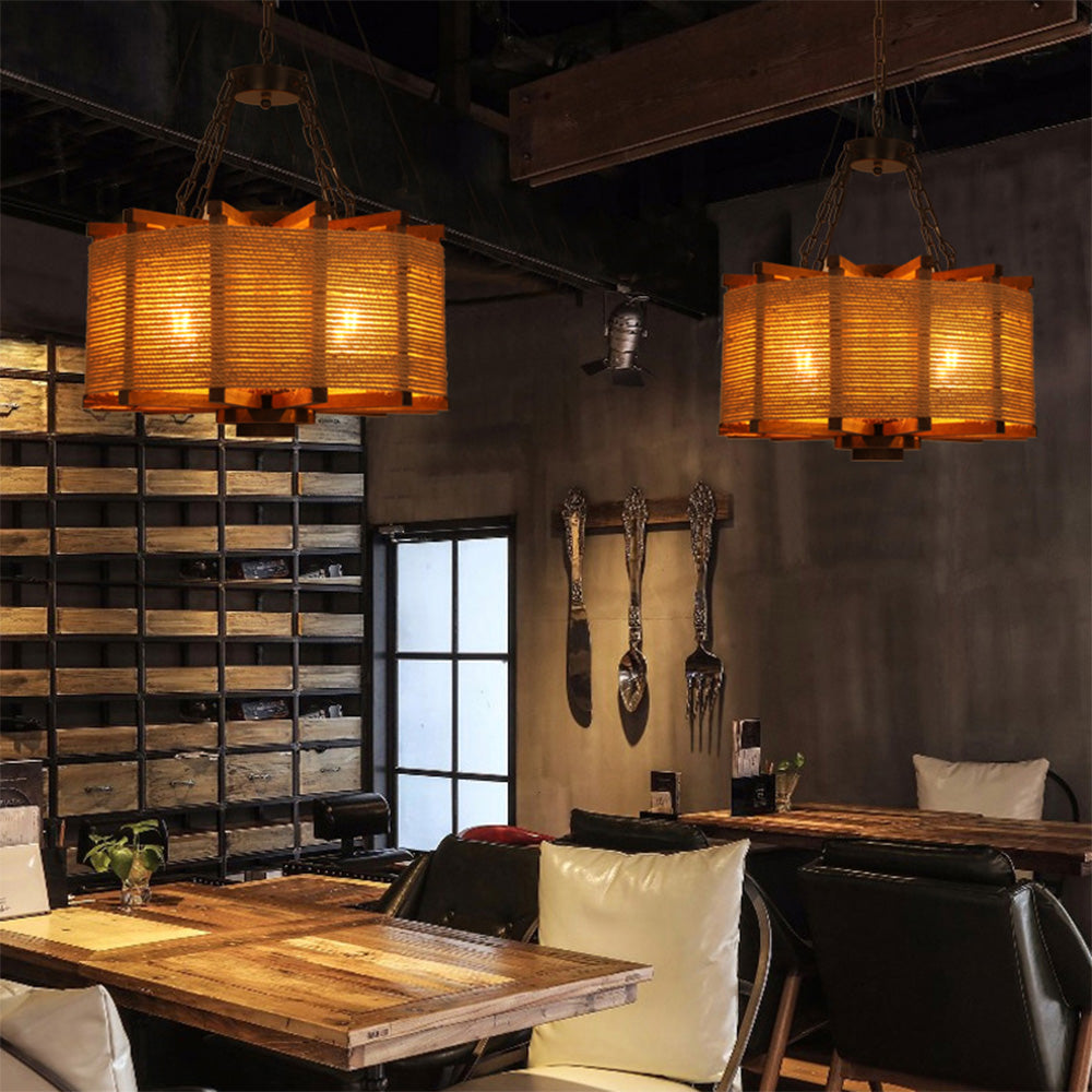Austin Retro Cylindrical Metal/Wood Pendant Light - Lumpaz