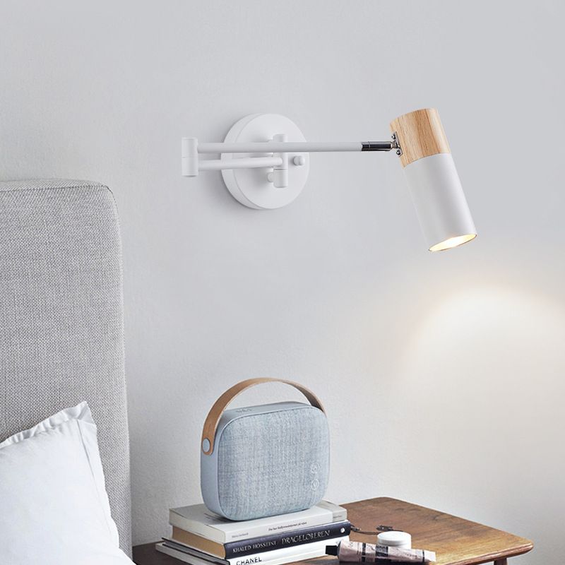 Ozawa Nordic Can Shaped Adjustable Wall Lamp, Metal/Wood, White - Lumpaz