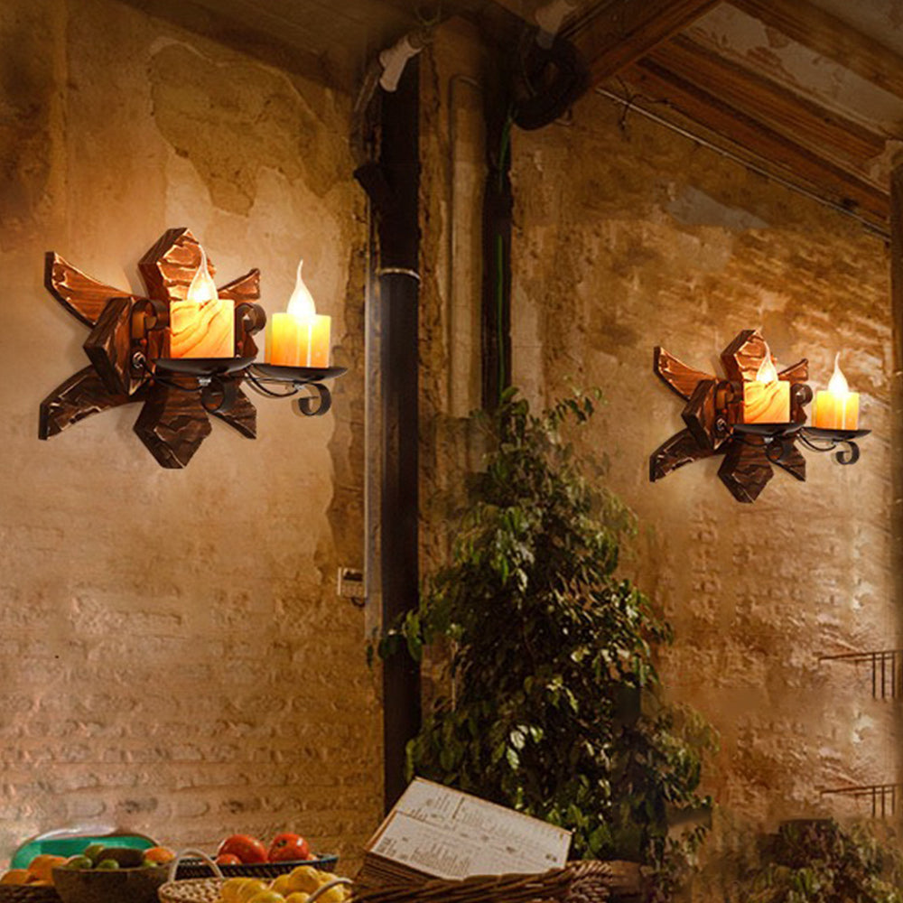 Austin Wall Lamp Decorative Vintage Candle Double Light Wooden, Bedroom - Lumpaz