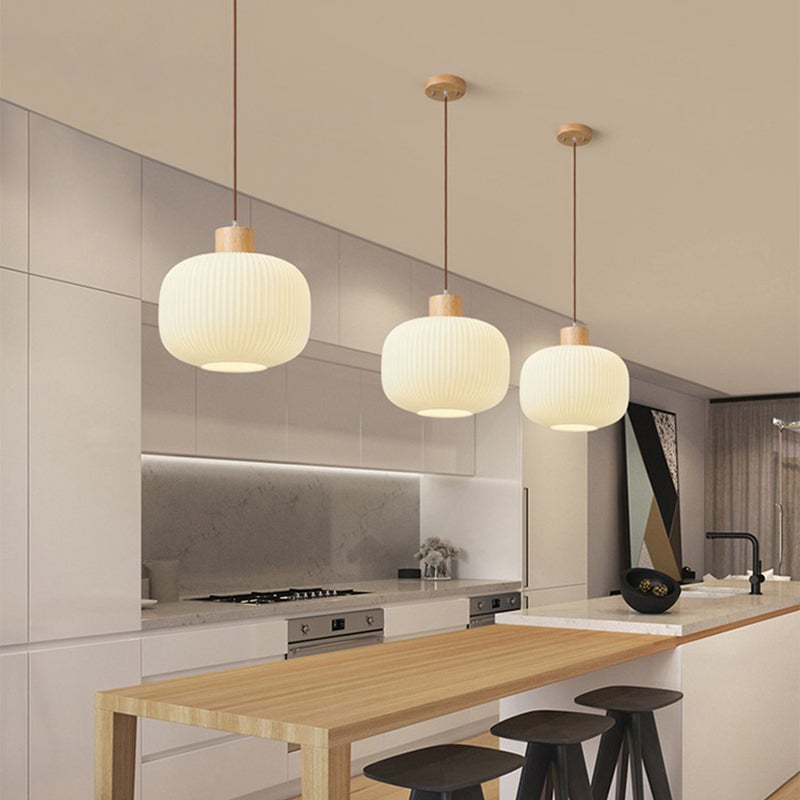 Ozawa Modern Wood/Glass Pendant Light, White - Lumpaz