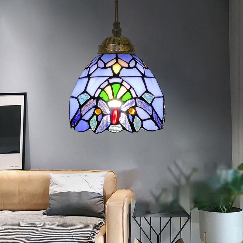 Alessio Tiffany Multicolor Bell Pendant Light, Yellow/Beige/Brown/Khaki/Blue/Purple - Lumpaz