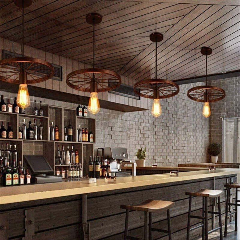 Alessio Retro Industrial Wagon Wheel Metal Pendant Light, Black/Rust - Lumpaz