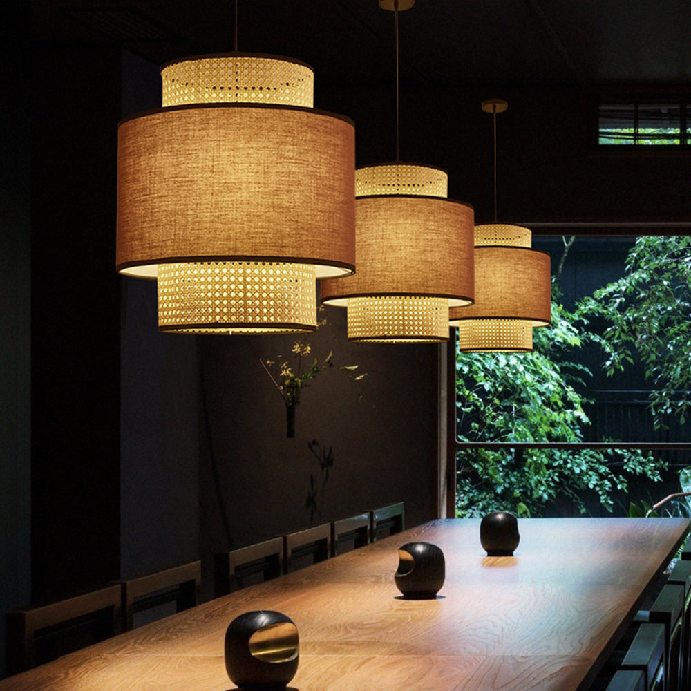 Ritta Retro Fabric and Rattan Pendant Light, Beige - Lumpaz