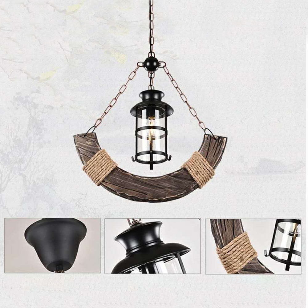 Austin Retro Rustic Arc Metal/Wood Lantern Glass Pendant Light - Lumpaz