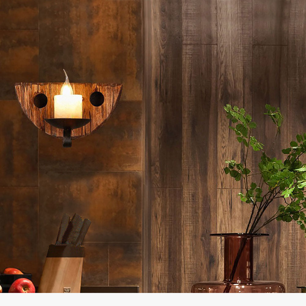 Austin Vintage Candle Semicircle Wall Lamp, Wood/Metal, Bedroom - Lumpaz
