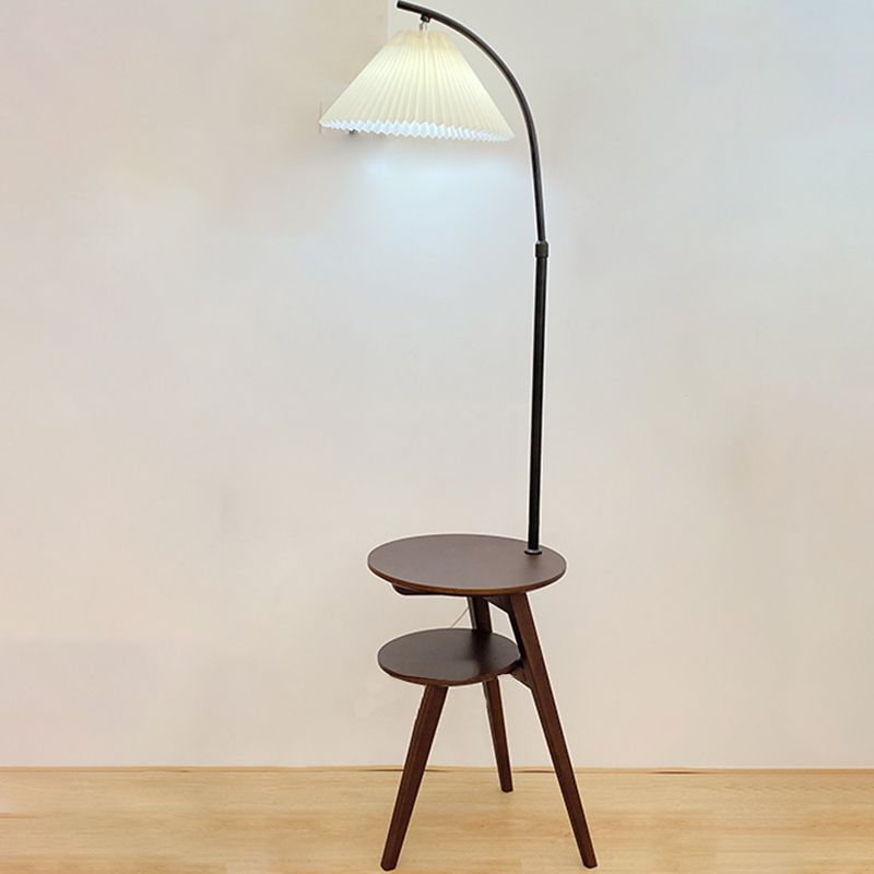 Ozawa Retro Pleated Metal & Wood Floor Lamp /w Bedside Table - Lumpaz