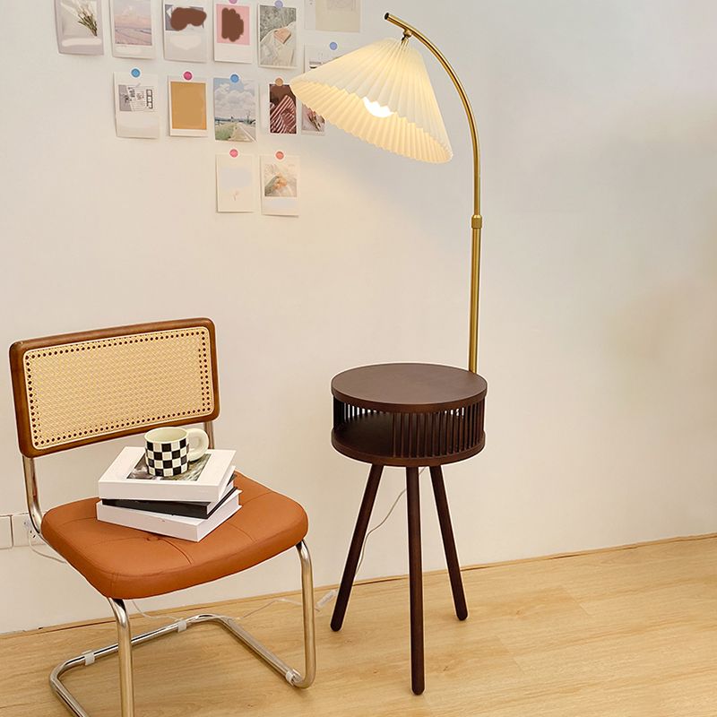 Ozawa Retro Pleated Metal & Wood Floor Lamp /w Bedside Table - Lumpaz