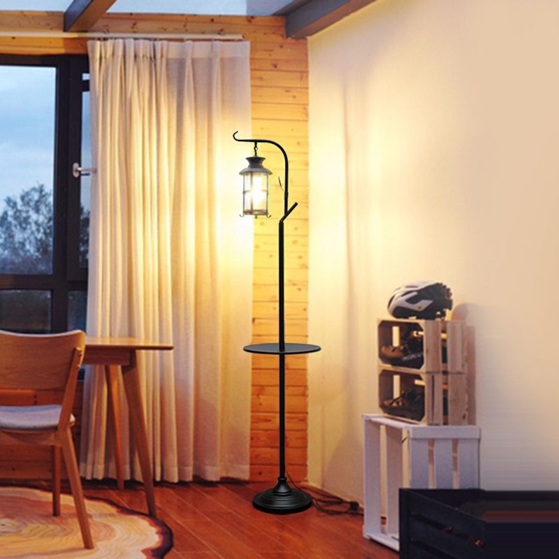 Alessio Retro Lantern Metal Glass Floor Lamp /w Table, Black/White - Lumpaz