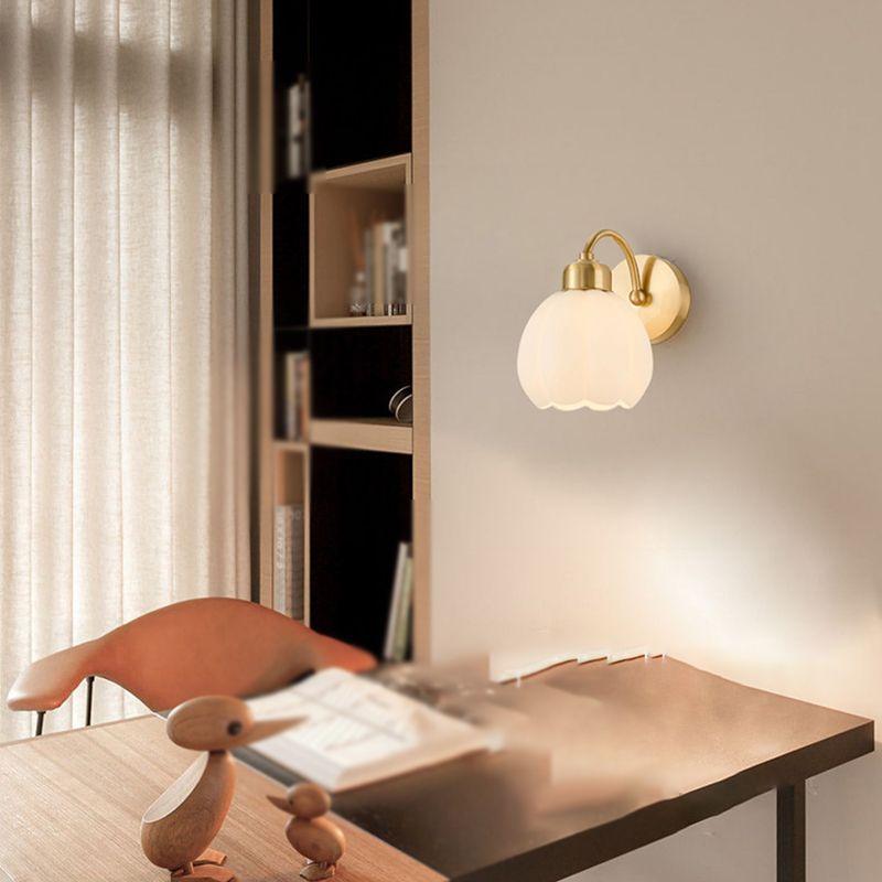 Lily Nordic Flower Glass Metal Wall Lamp Gold/Ivory Bedroom - Lumpaz