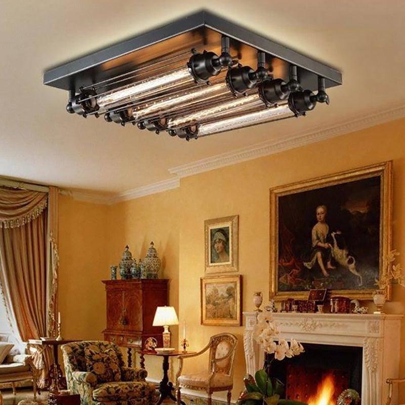 Alessio Vintage Tubed Metal Flush Mount Ceiling Light Black Living Room - Lumpaz