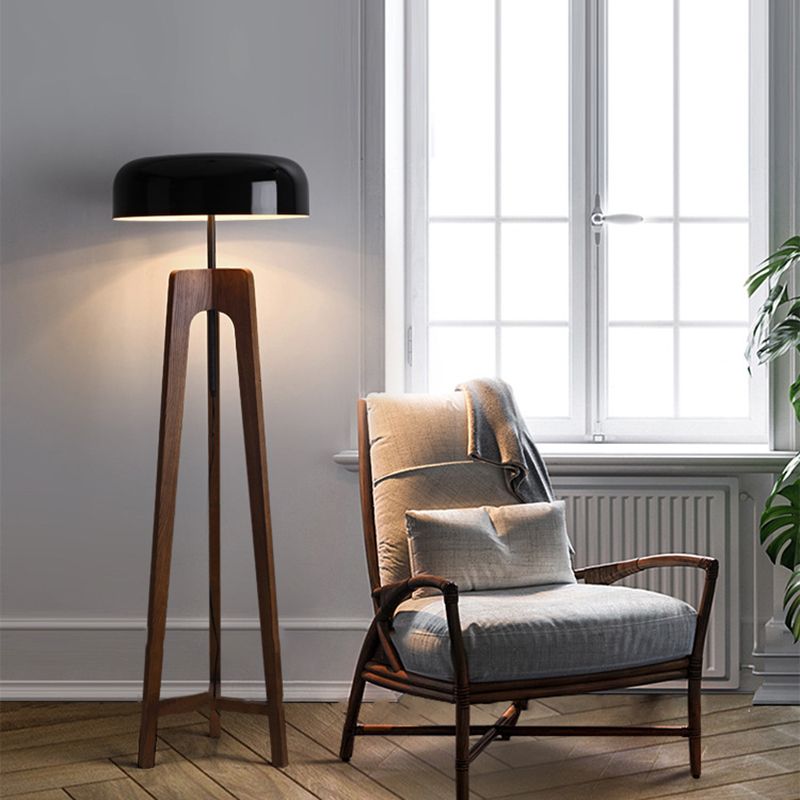 Ozawa Modern Bowl Tripod Wood Metal Floor Lamp, Black/White - Lumpaz