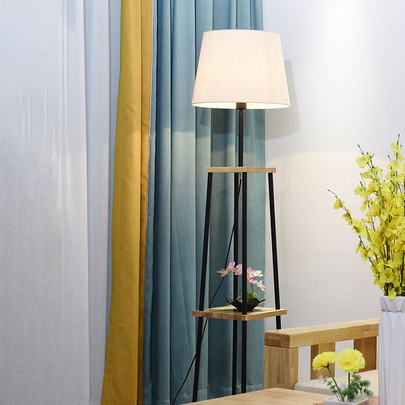 Eryn Modern Cone Metal Fabric Floor Lamp /w Shelf ,Black - Lumpaz