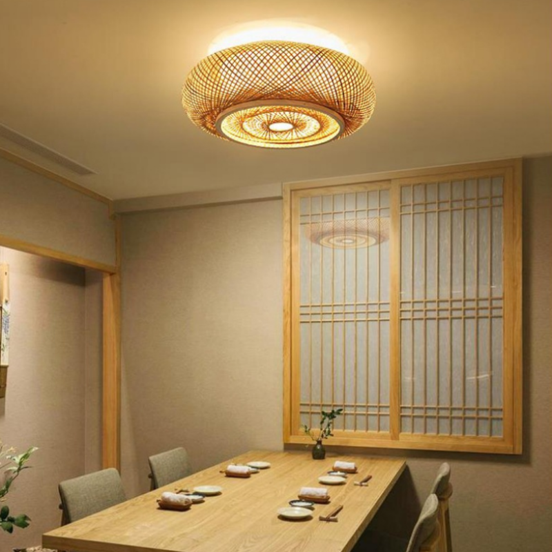 Muto Rattan Woven Rustic LED Flush Mount Ceiling Light - Lumpaz