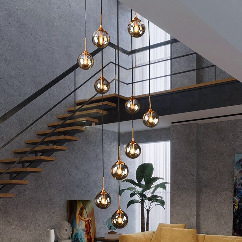 Hailie Modern Spiral Ball Glass Staircase Chandelier, Clear/Amber/Smoke Gray - Lumpaz