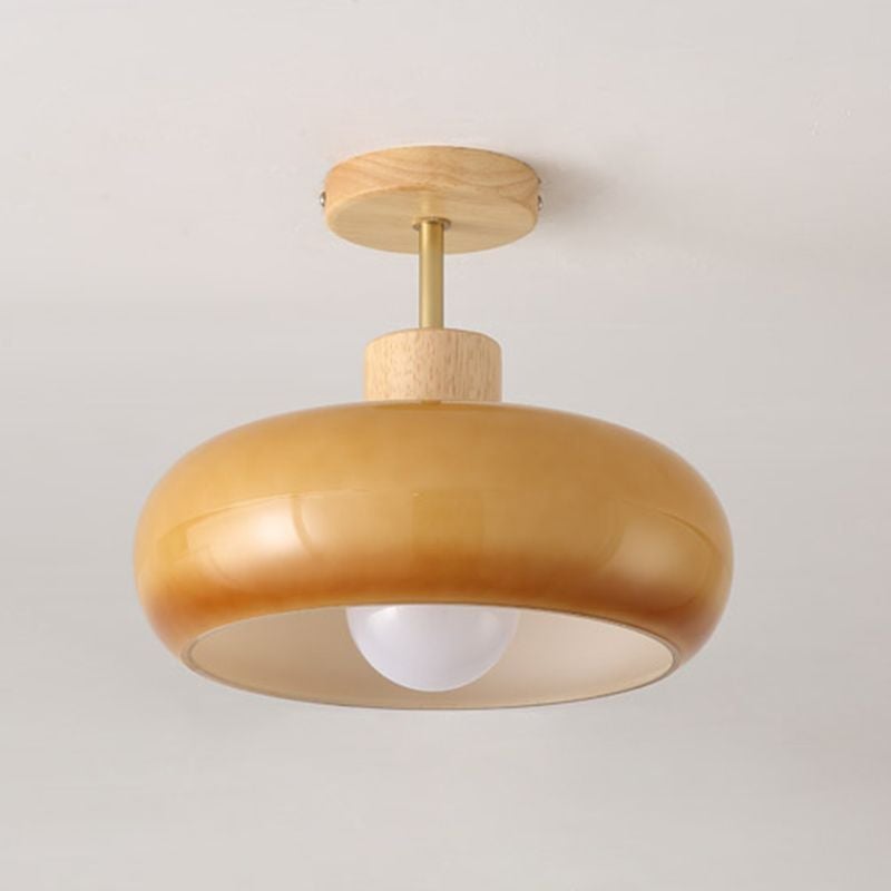 Hailie Flush Mount Ceiling Light Cup Minimalist Wood/Glass White/Orange - Lumpaz