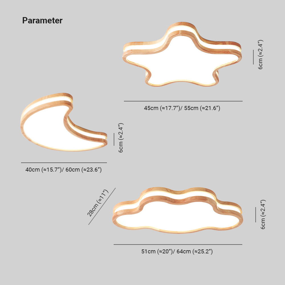 Minori Moon/Cloud/Star Shape Flush Mount Ceiling Light, Wood & Arcylic - Lumpaz