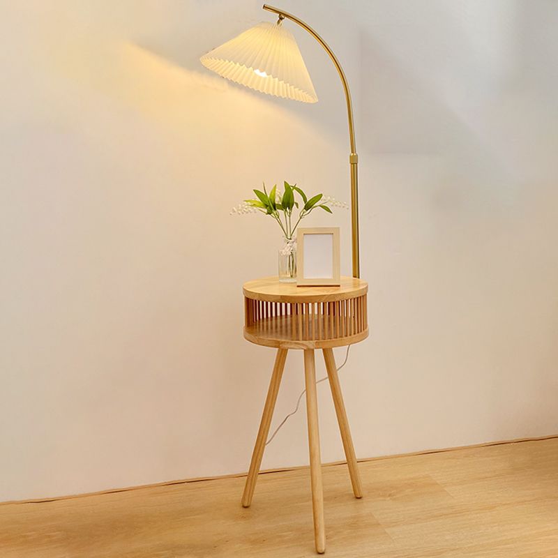 Ozawa Retro Pleated Metal & Wood Floor Lamp /w Bedside Table - Lumpaz