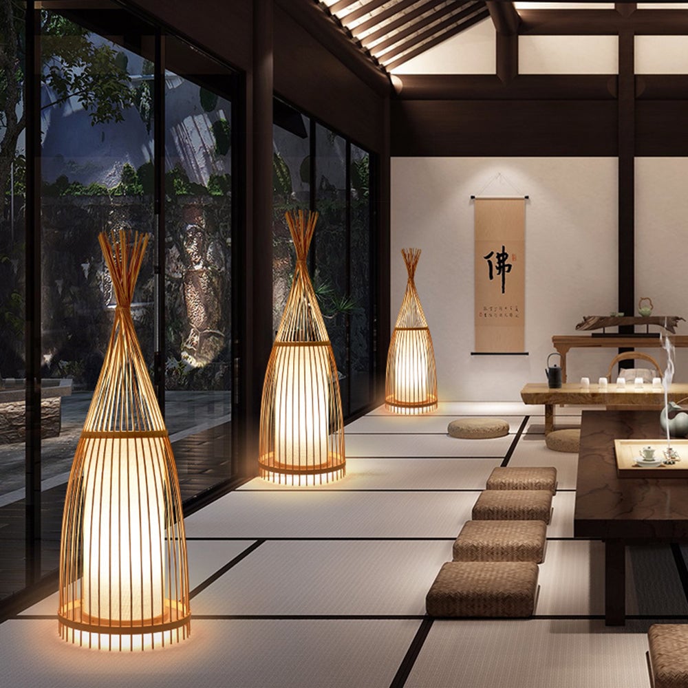 Ozawa Rustic Bottle Standing Floor Lamp, Rattan/Fabric, Bedroom - Lumpaz