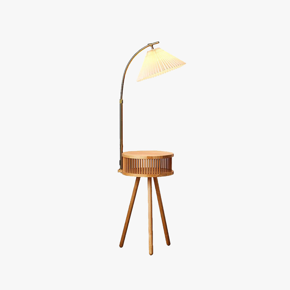 Ozawa Retro Pleated Metal & Wood Floor Lamp /w Bedside Table - Lumpaz