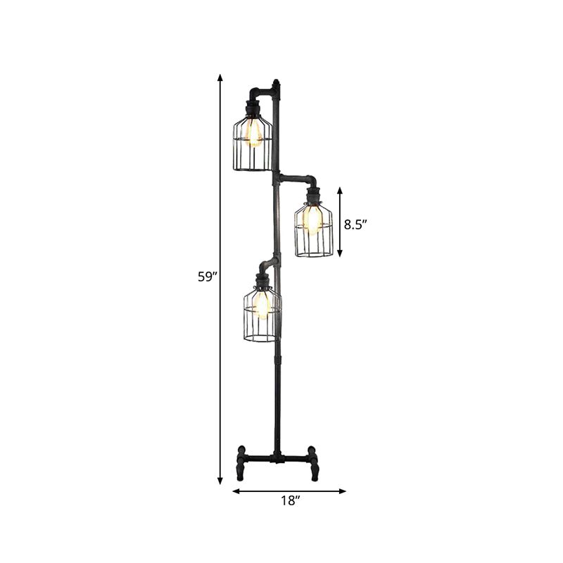 Alessio Retro Bird Cage Metal Floor Lamp, 3 Heads,Black - Lumpaz