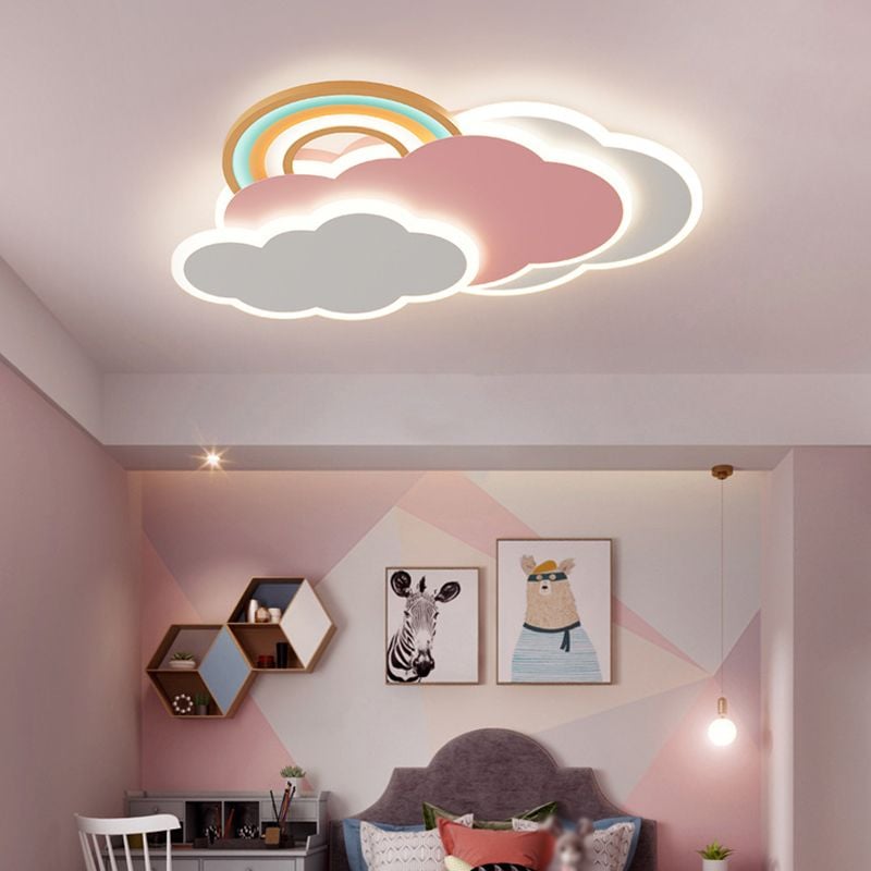 Minori Modern Cloud/Rainbow Metal/Acrylic Flush Mount Ceiling Light Pink/White - Lumpaz
