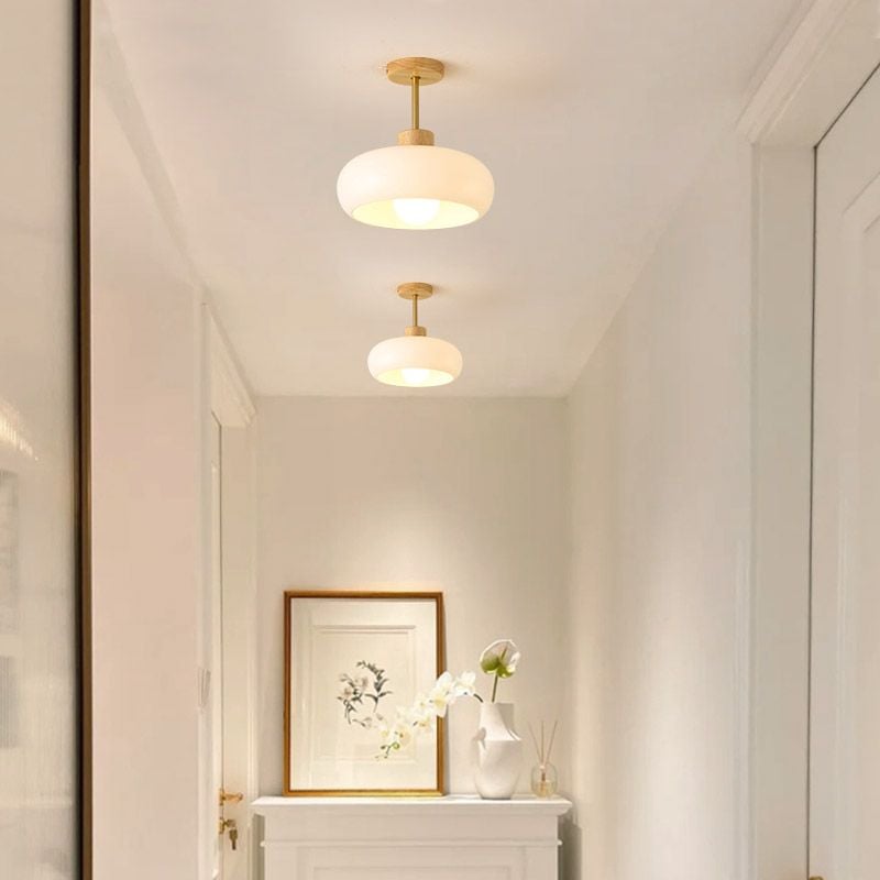 Hailie Flush Mount Ceiling Light Cup Minimalist Wood/Glass White/Orange - Lumpaz