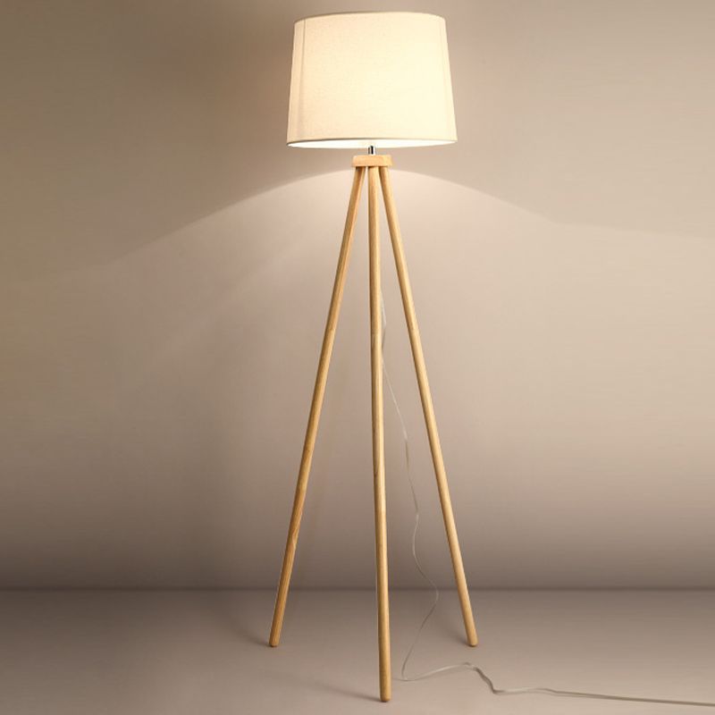 Muto Modern Cylinder Wood Fabric Floor Lamp, White/Beige - Lumpaz