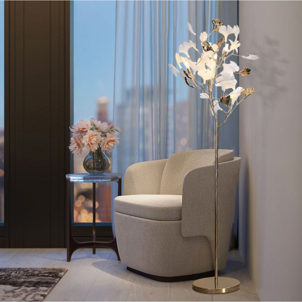 Olivia Floor Lamp Leaf Artistic, Ceramic/Metal, White/Gold, Study - Lumpaz