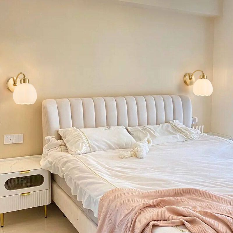 Lily Nordic Flower Glass Metal Wall Lamp Gold/Ivory Bedroom - Lumpaz