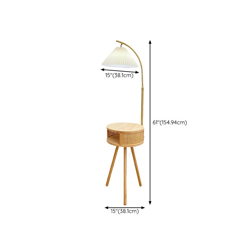 Ozawa Retro Pleated Metal & Wood Floor Lamp /w Bedside Table - Lumpaz