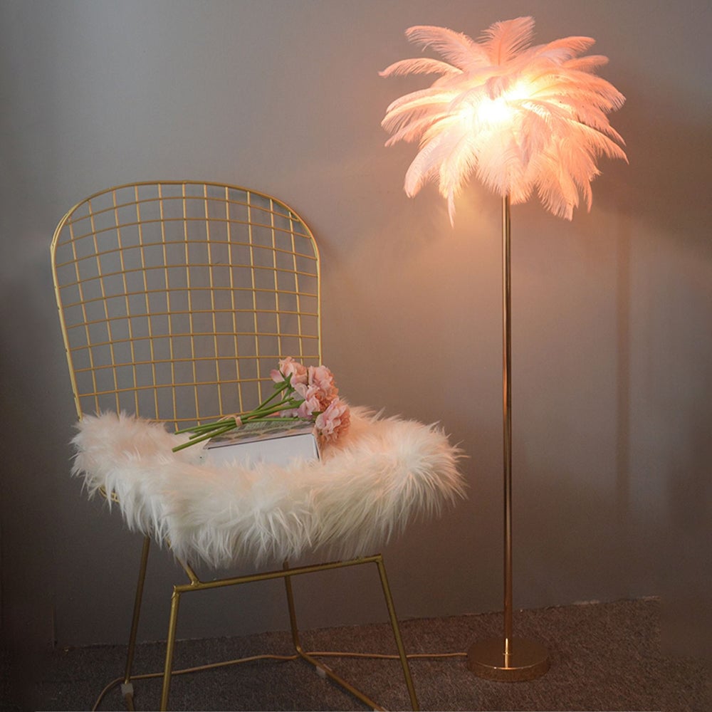O'Moore Modern Floor Lamp, Natural Ostrich Feather & Metal Stand - Lumpaz