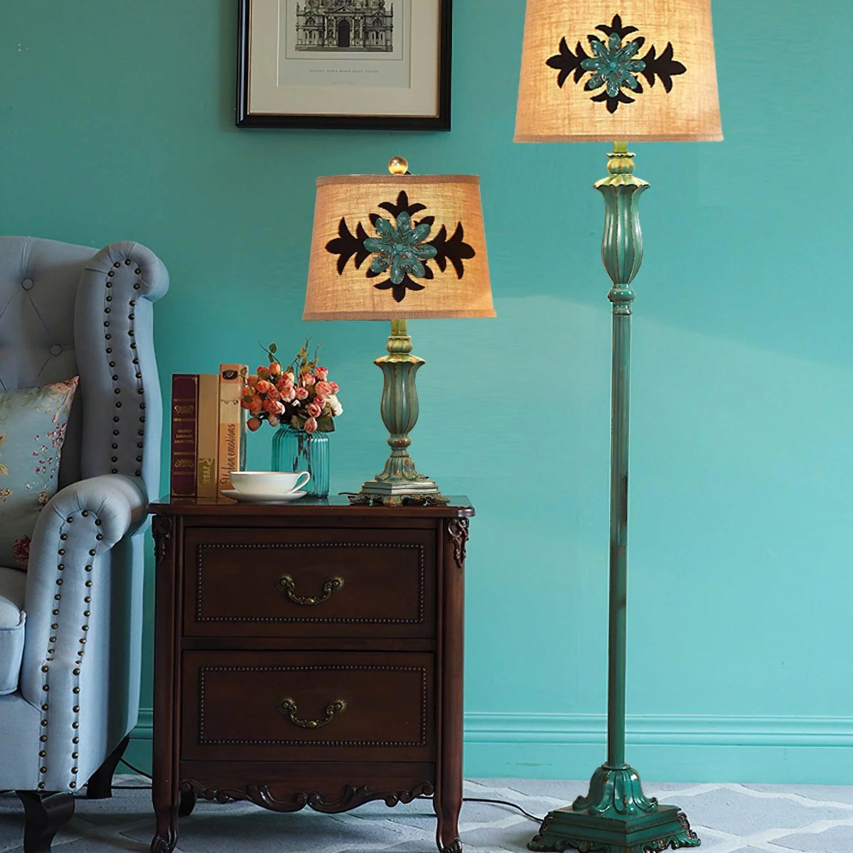 Eryn Floor Lamp Table Vintage, Metal/Resin, Green, Living Room - Lumpaz