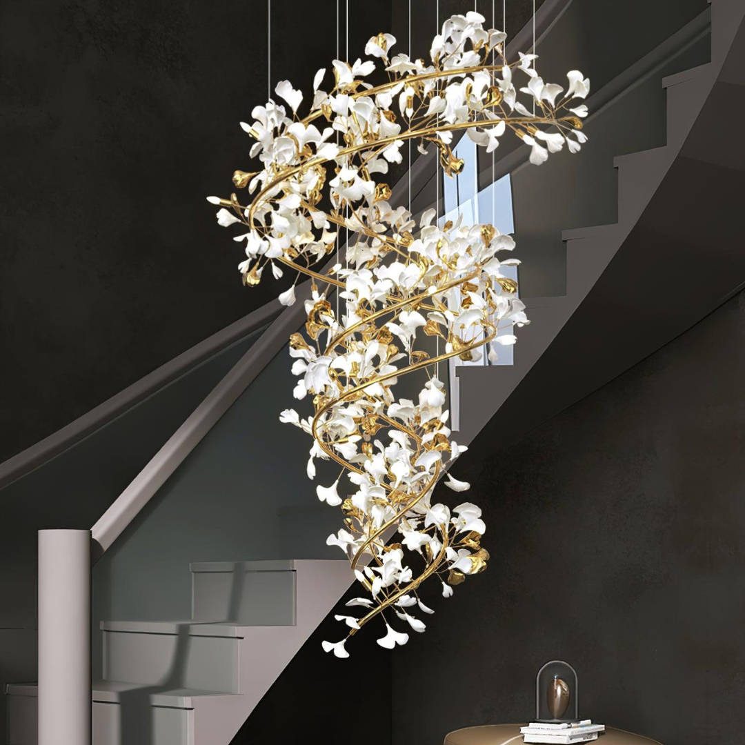 Olivia AntGlo Modern Gold Staircase Chandelier, Metal & Ceramic - Lumpaz