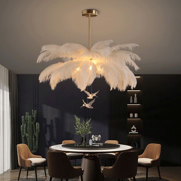 O'Moore Ostrich Contemporary Elegant Feather Chandelier, White - Lumpaz