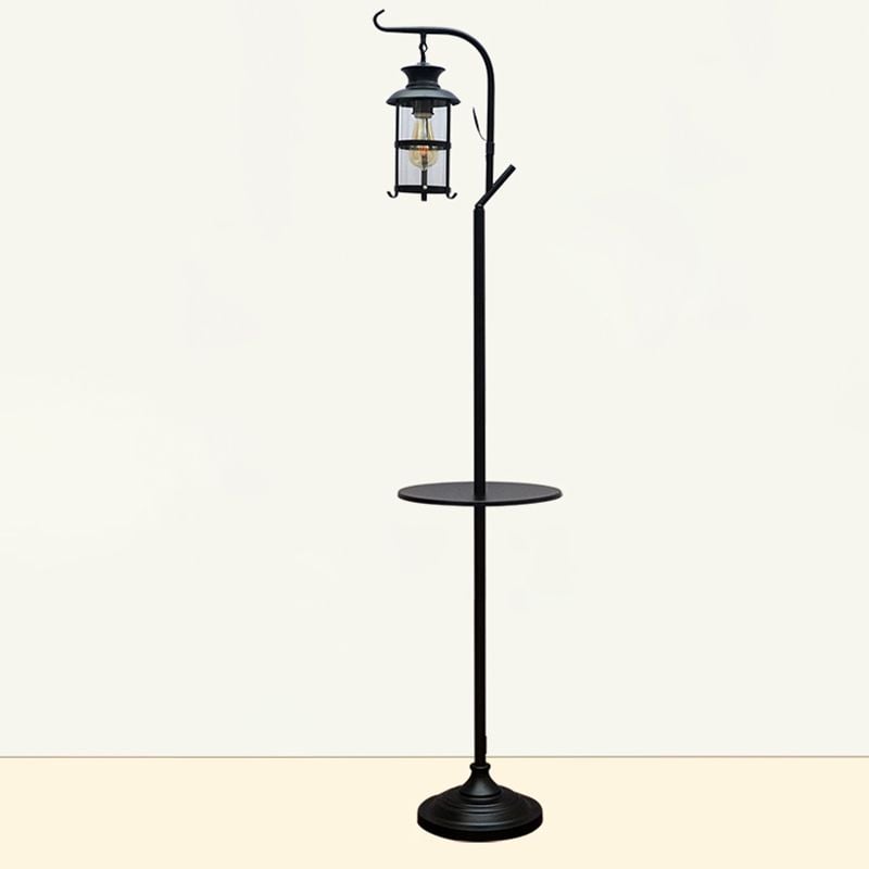 Alessio Retro Lantern Metal Glass Floor Lamp /w Table, Black/White - Lumpaz