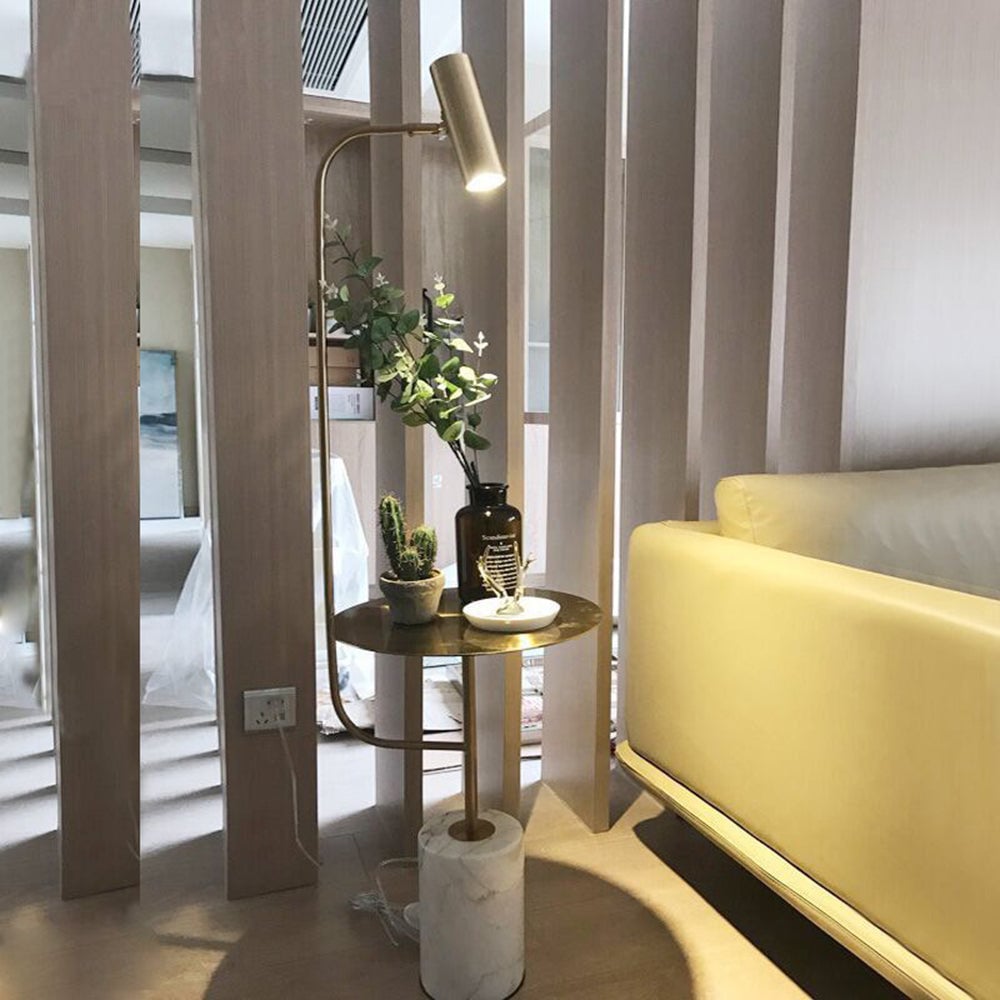 Salgado Minimalist Metal Floor Lamp With Table, Black/Gold - Lumpaz
