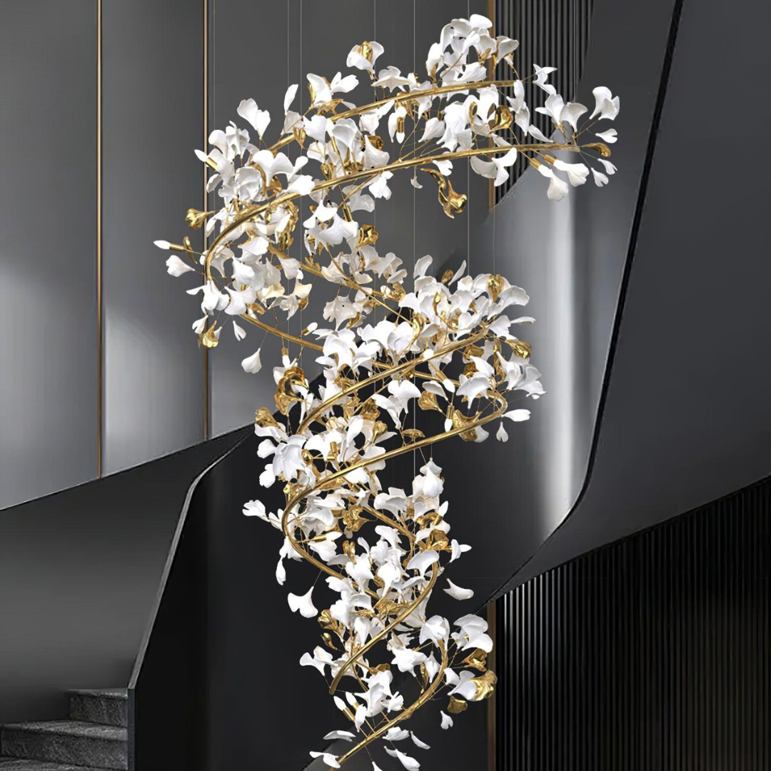 Olivia AntGlo Modern Gold Staircase Chandelier, Metal & Ceramic - Lumpaz