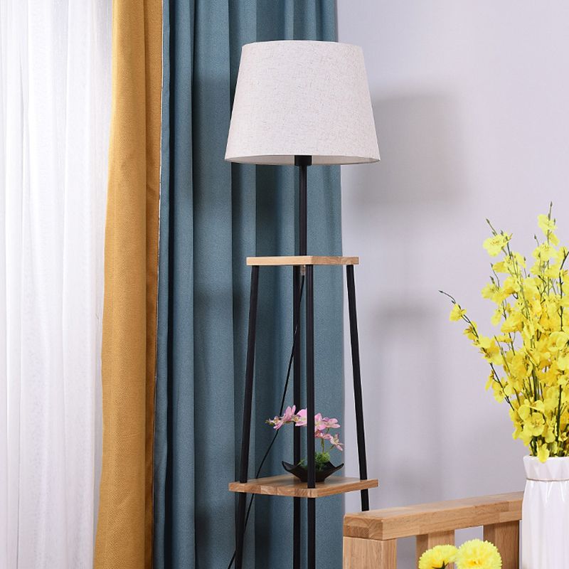 Eryn Modern Cone Metal Fabric Floor Lamp /w Shelf ,Black - Lumpaz