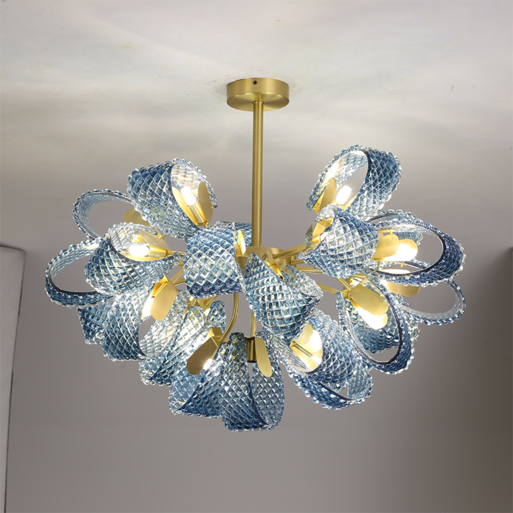 Hailie Vintage Art Deco Blue Glass Chandelier Living Room - Lumpaz